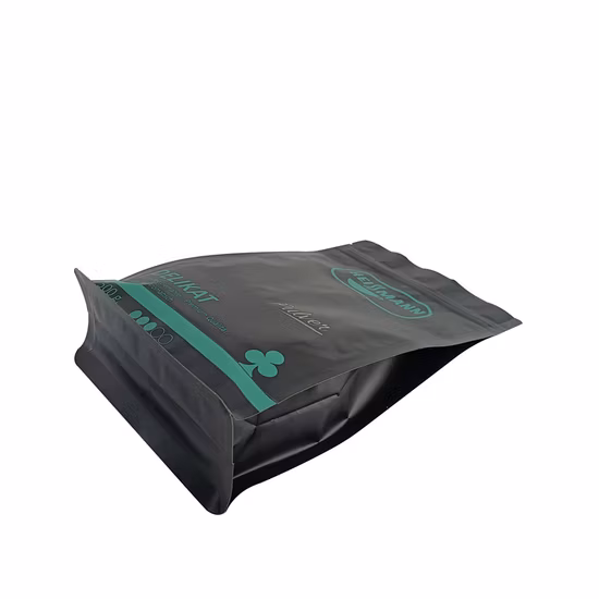Bolsa de pie con cierre hermético y fuelle lateral negro con estampado personalizado con cremallera de válvula Bolsa de embalaje de café con fondo de bloque plano