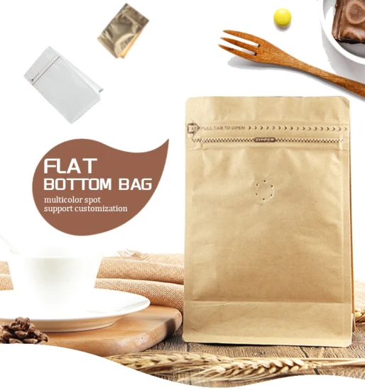 Bolsa de escudete lateral de sello cuádruple para empaque de café, bolsa de fondo plano de papel de aluminio para café de pie con válvula