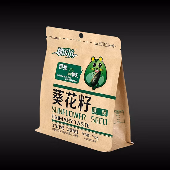 Personalice la bolsa de plástico autoadhesiva de fondo plano de alta calidad con cierre de cremallera y ventana Bolsa de papel laminado Alimentos y dulces, té, café Bolsa de embalaje/Bolsa de papel Kraft