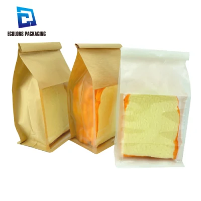 Bolsa de comida de pan de papel Kraft de plástico laminado con fuelle lateral de fondo plano de tamaño personalizado con lazo de estaño