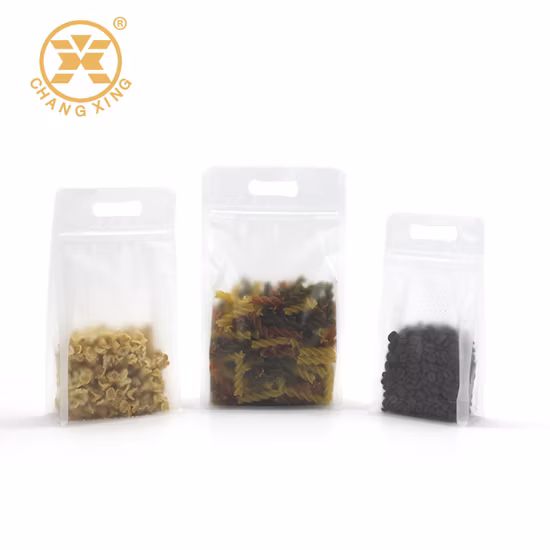 Bolsa transparente transparente para alimentos con cremallera y parte inferior plana con ocho lados sellados