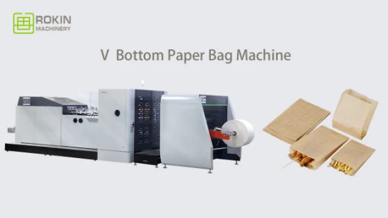 Máquina para fabricar bolsas de papel Kraft con fondo plano, de fondo plano o de fondo en V, completamente automática, de alta velocidad y con asas giratorias