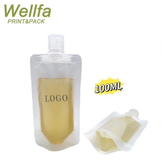 Logotipo personalizado impreso 100ml loción transparente champú líquido muestra de viaje bolsa de embalaje de plástico tipo concha recarga bolsa de pico