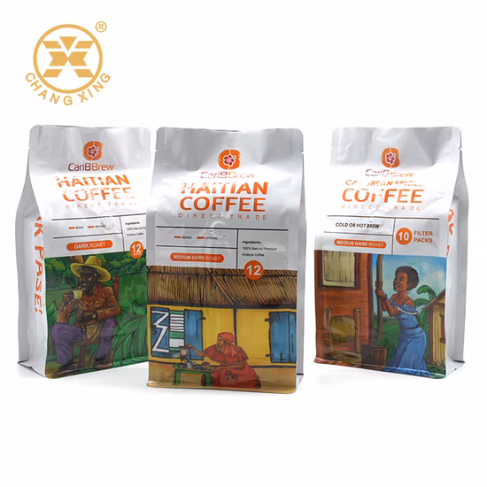 Café plástico impreso personalizado de la categoría alimenticia del papel de aluminio que empaqueta la bolsa inferior plana con la válvula